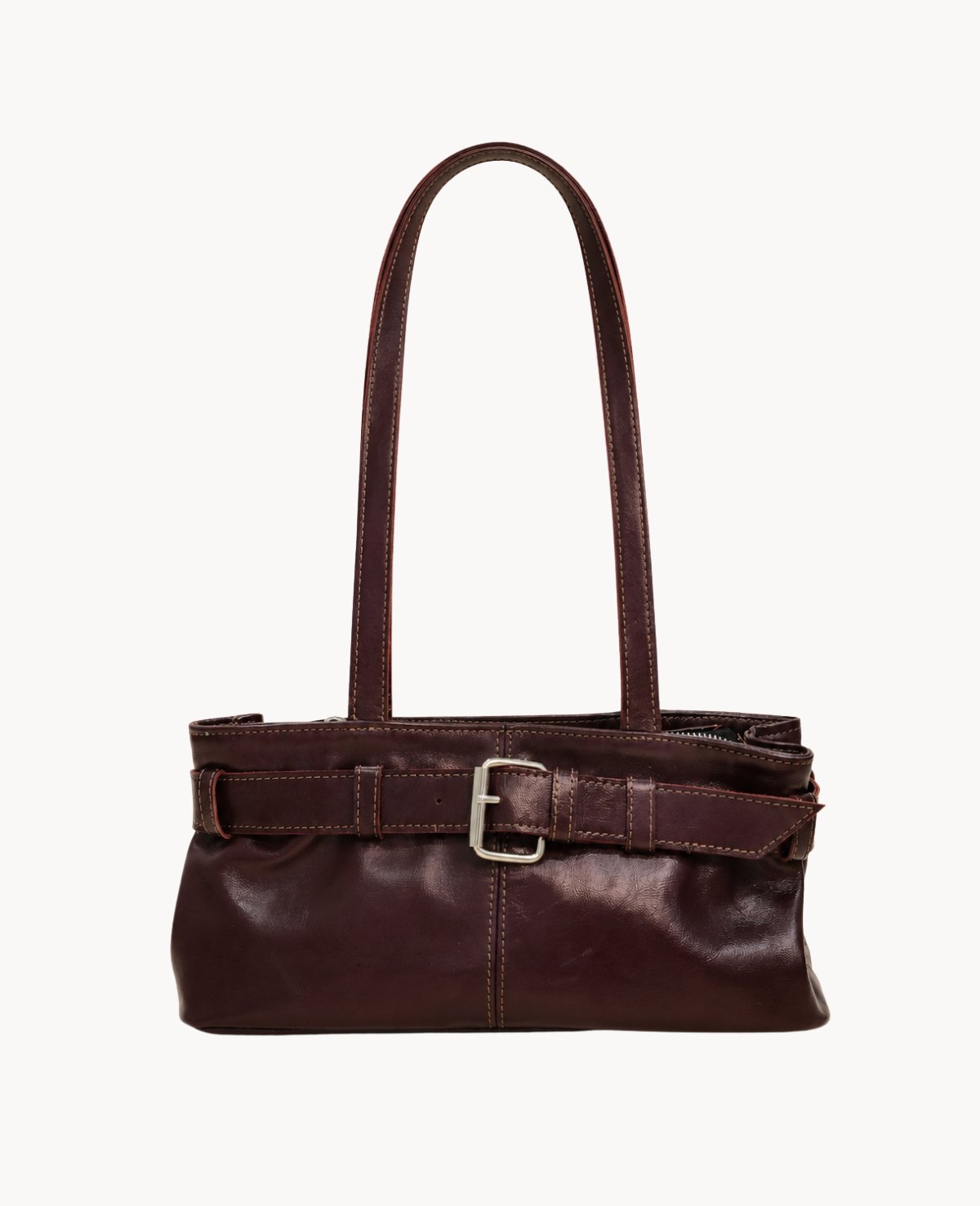 Burgundy Belted Leather Shoulder Bag